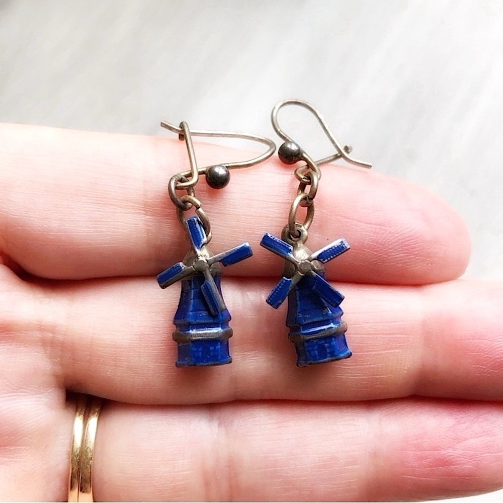 Vintage Scandinavian Silver Tone Blue Enamel Windmills Pierced Earrings - Picture 3 of 7